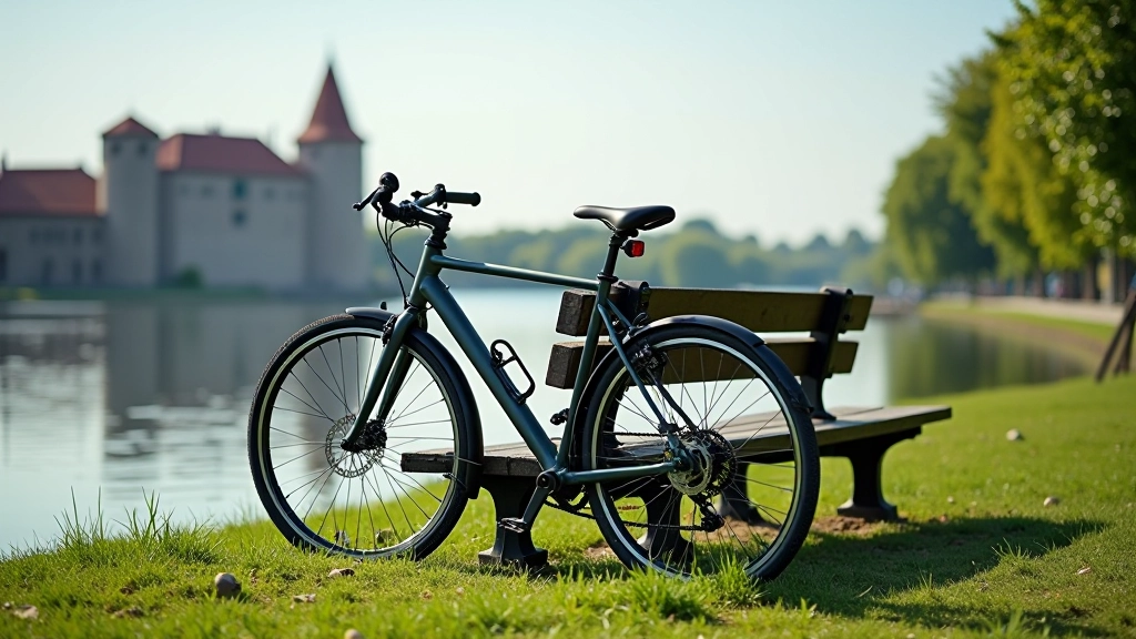 Bicycle leaning against a park bench with cycling gear visible nearby