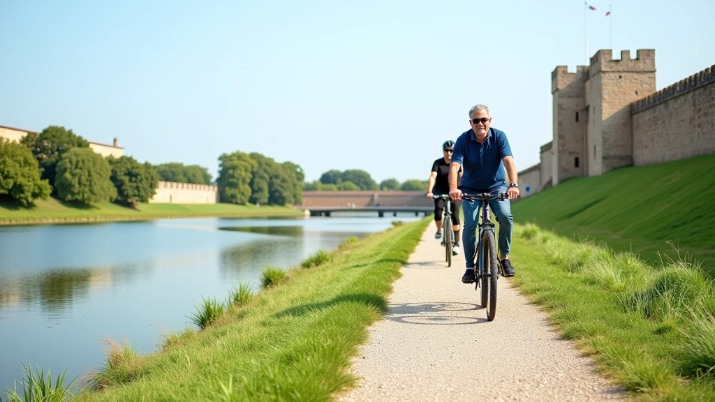 Scenic cycling path running alongside calm water with fortress walls in the background on a clear day