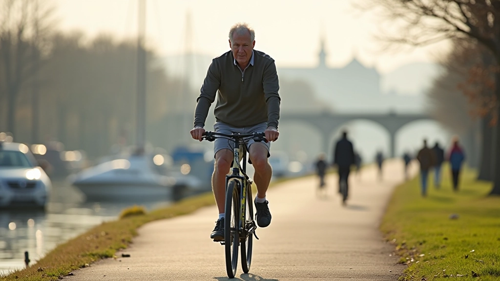 Cyclist riding on smooth paved path alongside harbour water, boats and waterfront facilities visible in background