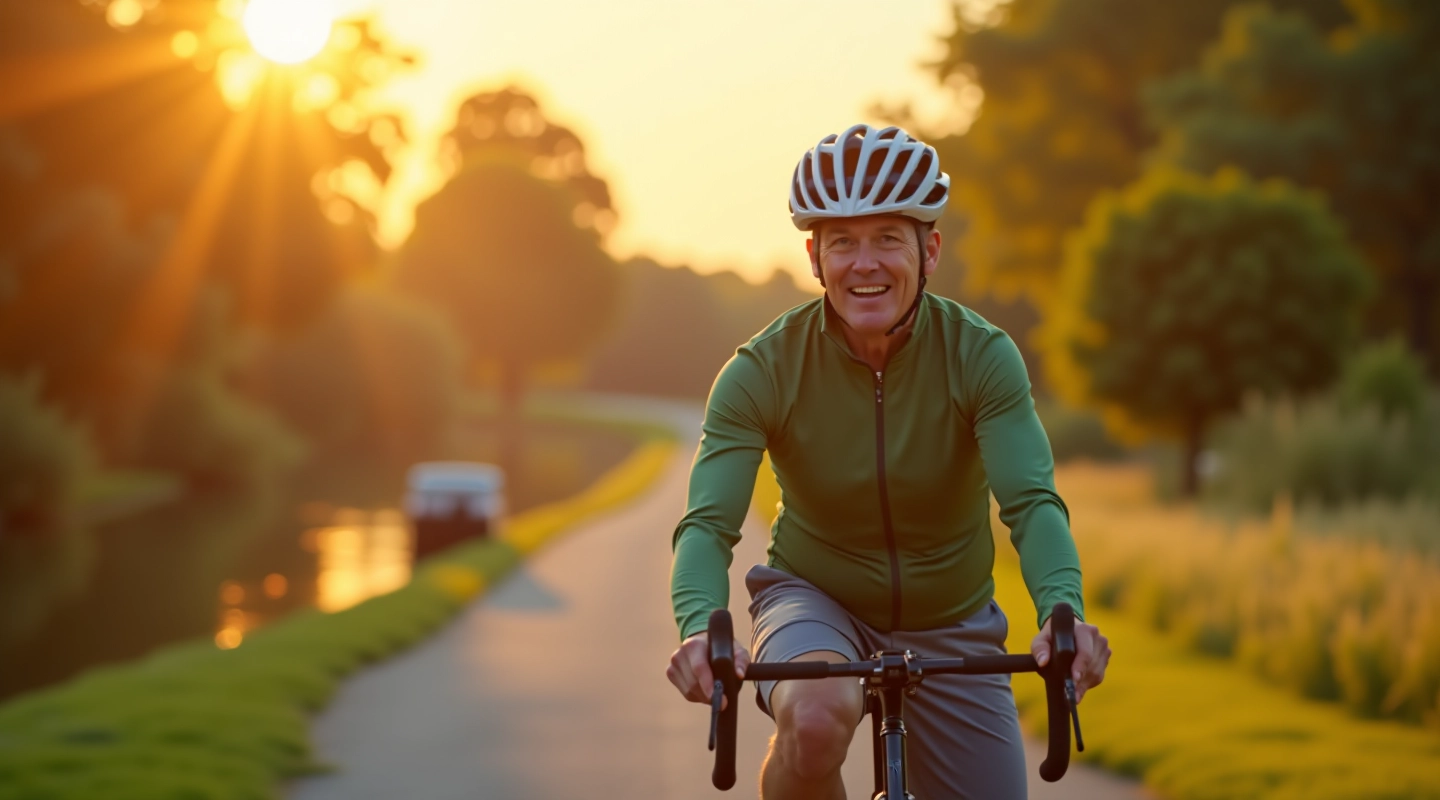 Cyclist enjoying a peaceful ride along the fortress moat path with historic stone walls in the background