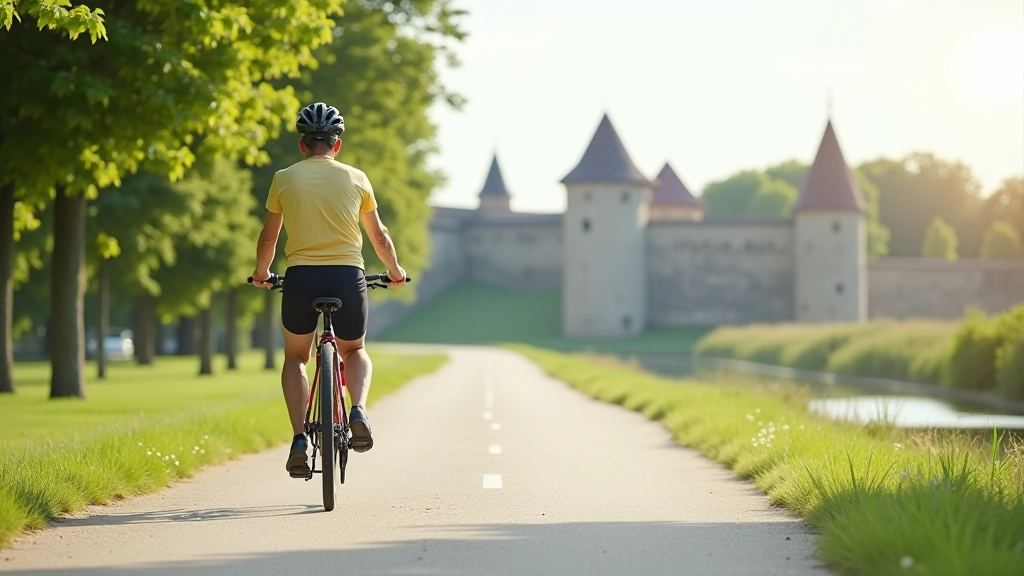 Person on bicycle navigating a smooth paved cycling route with fortress structures visible in the distance