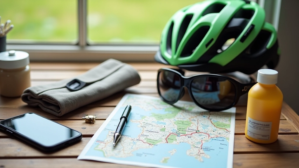 Cycling essentials including water bottle, helmet, sunscreen, and repair kit arranged on wooden surface with natural lighting