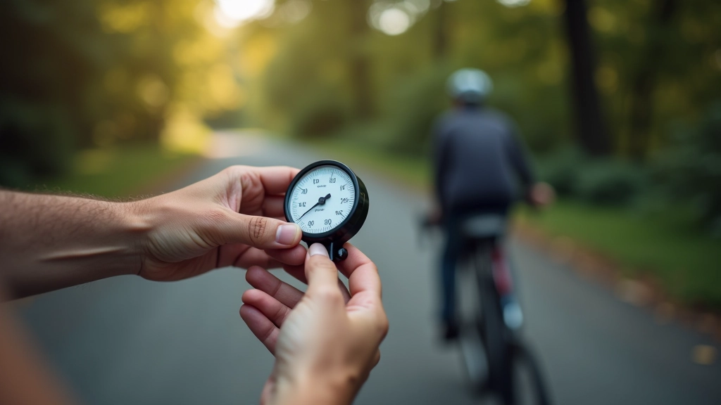Close-up of hands using tire pressure gauge on bicycle wheel, bright outdoor lighting, clear measurement display visible