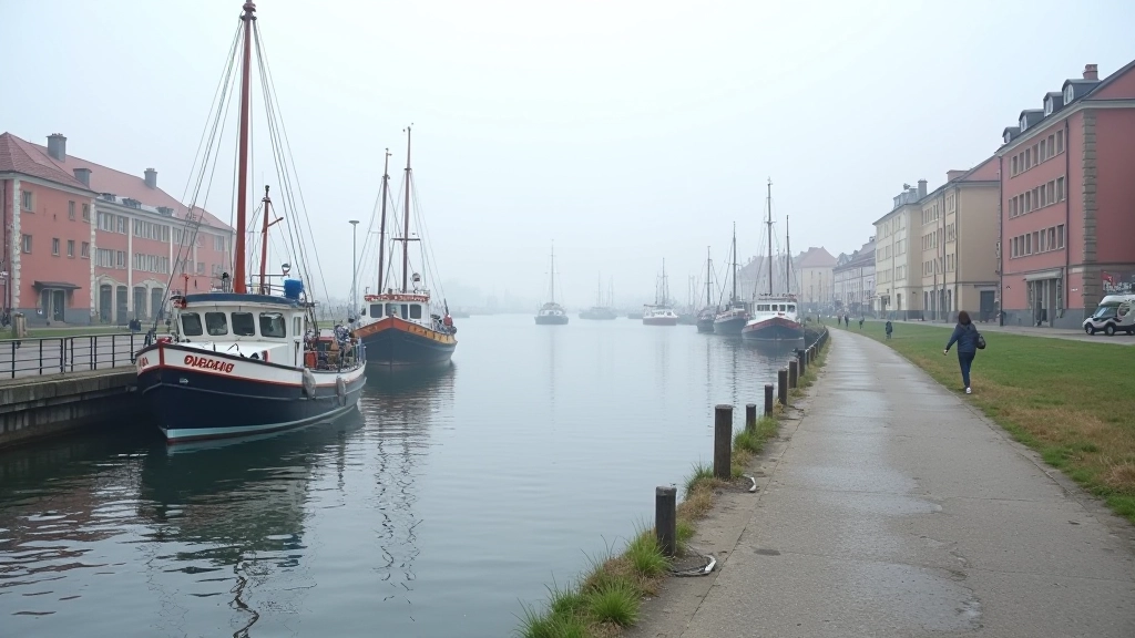 Wide view of harbour canal with container ships, fishing vessels, and cycling path alongside water, cloudy sky