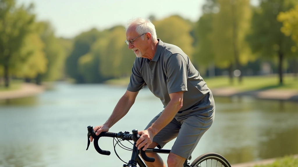 Cyclist adjusting saddle height on bicycle in outdoor setting near water, hands on seat, proper form demonstrated