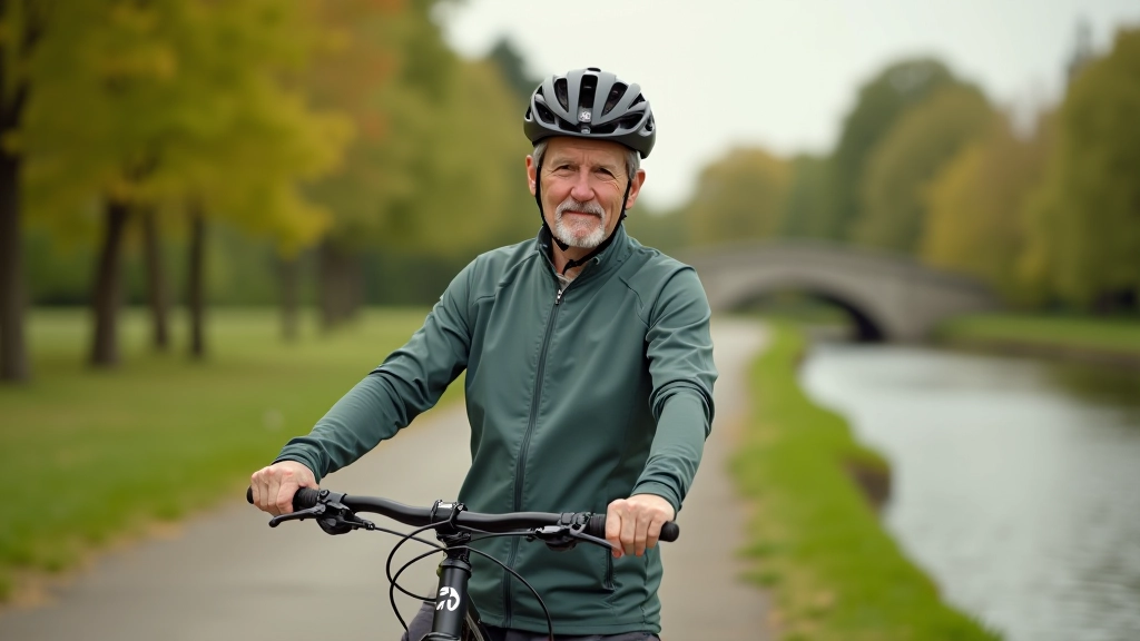 Person wearing properly fitted cycling helmet and casual outdoor clothing standing with bicycle, confident posture, outdoor park background