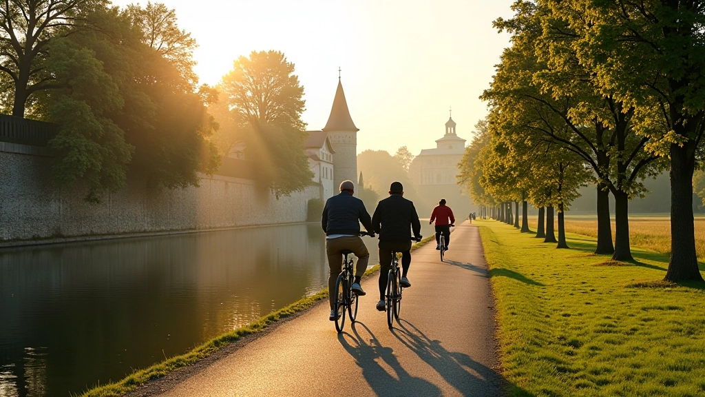 Scenic waterside cycling path with fortress walls reflected in calm water, peaceful morning atmosphere