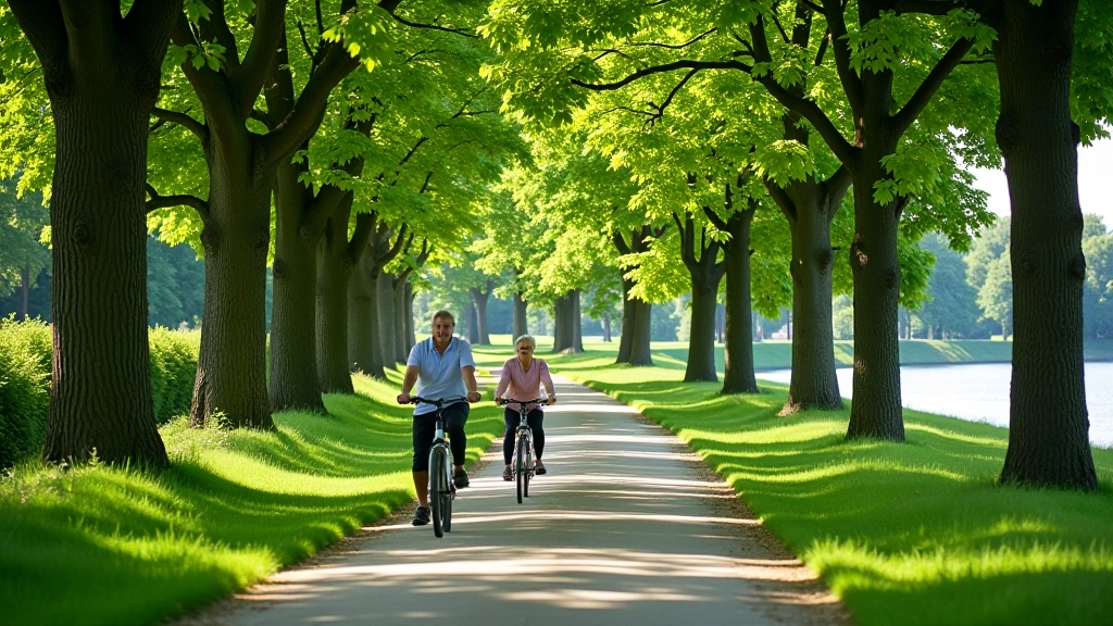 Shaded cycling path through fortress moat area with historic stone walls visible