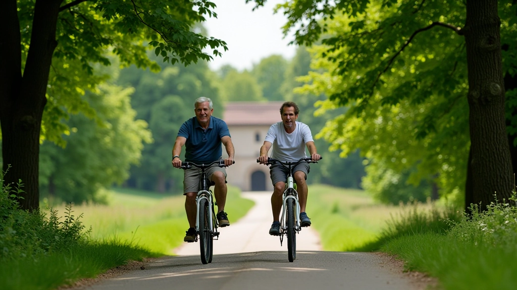 Couple cycling together on a peaceful towpath, trees lining the route, fortress visible through trees