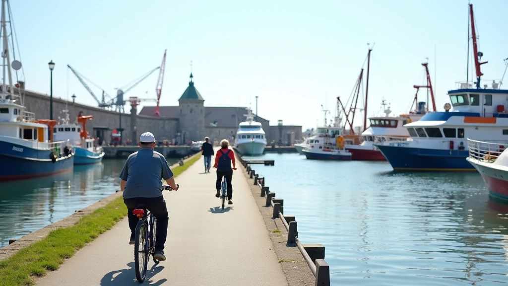 Harbour area with boats and working waterfront visible from cycling path